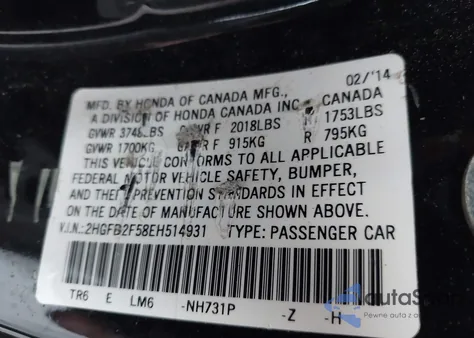 2014 Honda Civic Lx из США, поврежденный, VIN 2HGFB2F58EH514931